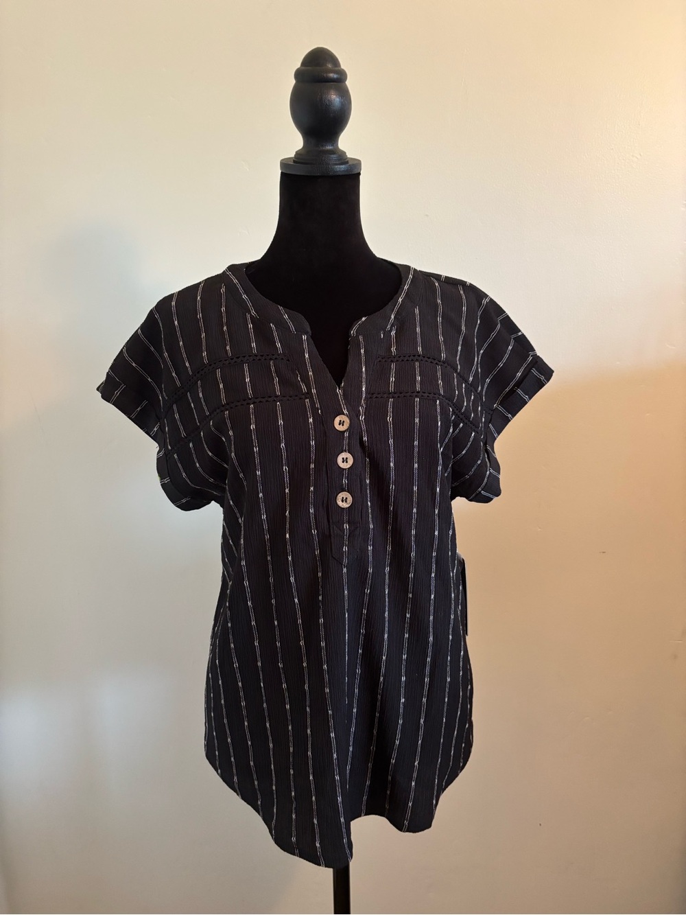 Women's Black Vertical-Stripe Button Front Shirt